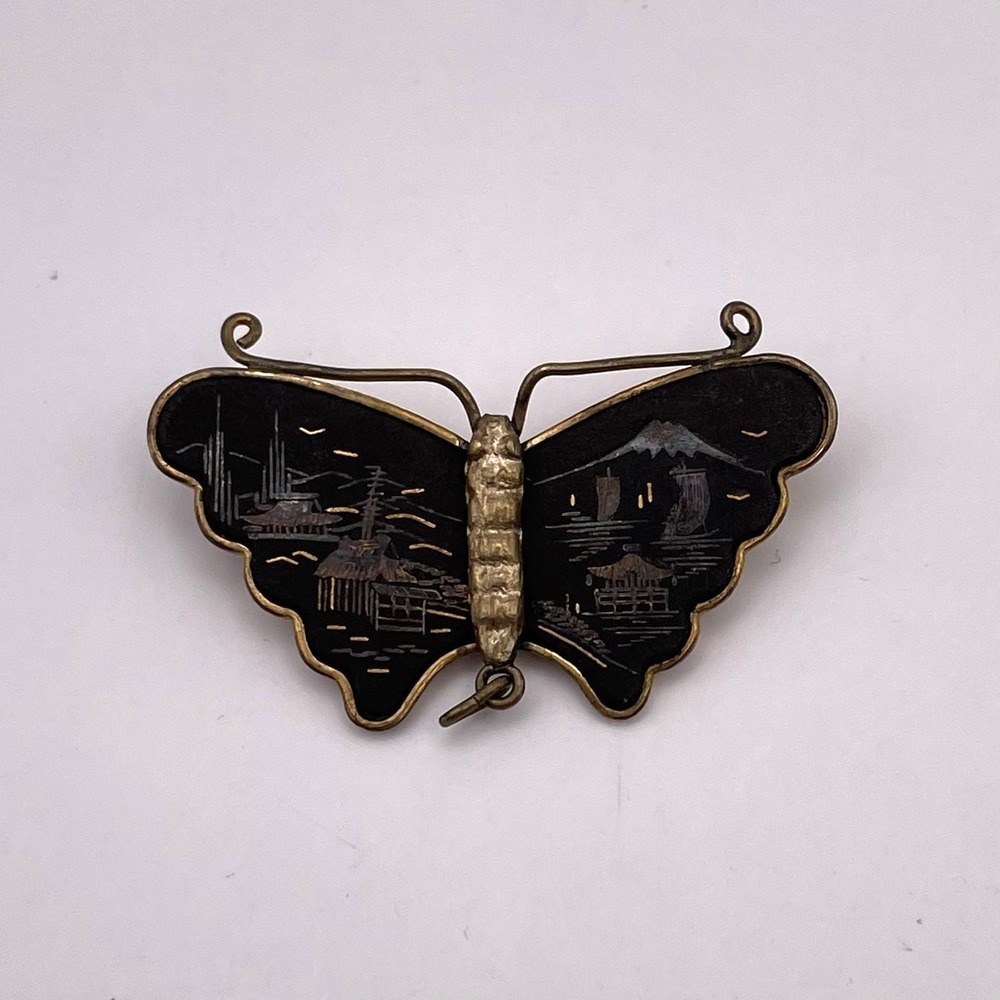 Vintage Damascene Brooch Japanese Butterfly Scenic Pin